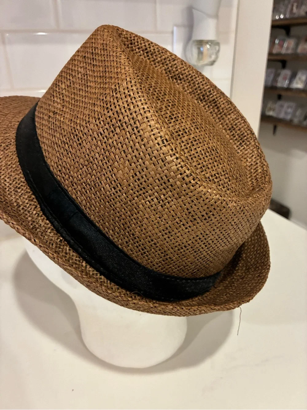 Men's Straw Fedora Hat with Black Band - Tan